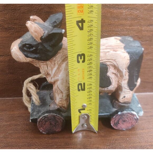 Rustic Plastic Wood-like Carved Black Spotted Cow on Pull Cart Farm Barn Decor - Picture 9 of 11